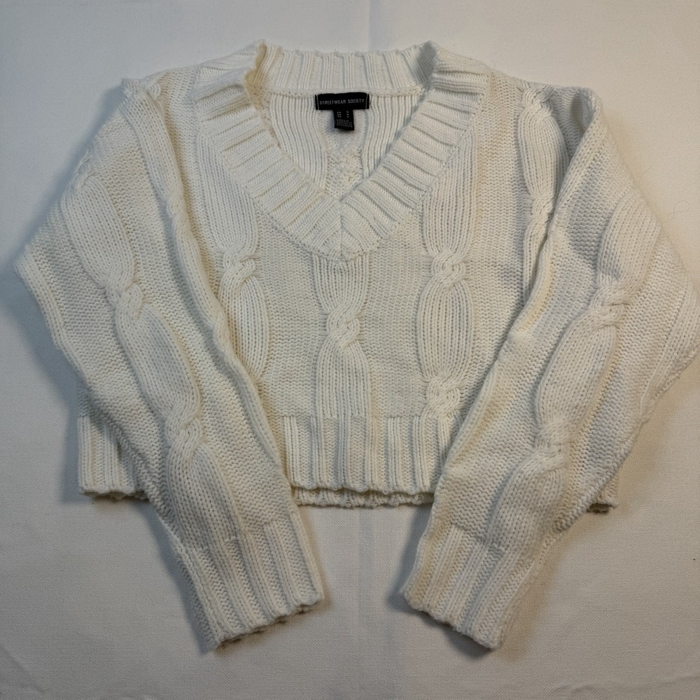 Streetwear Society Crop Sweater Cable Knit Off White Size S Long Sleeve Top Y2K‎